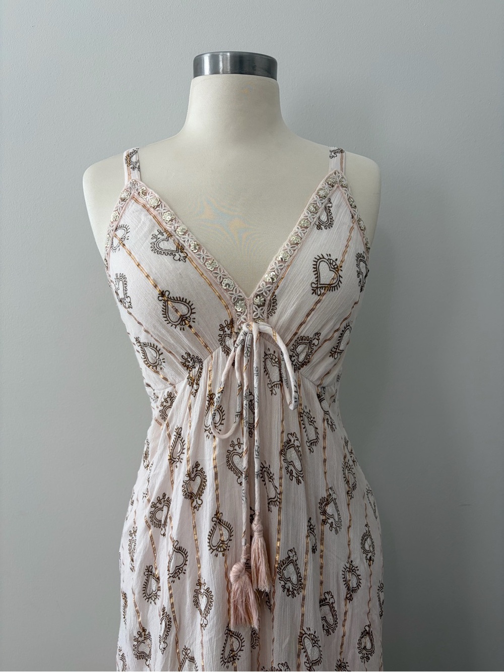 Ananta Blush Pink Embellished Boho Maxi Dress Tassel Tie OS Boho Chic Romantic - Picture 3 of 11